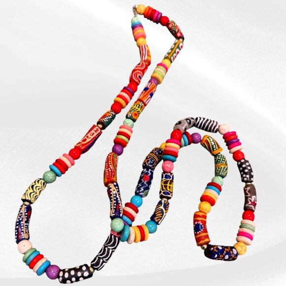 Rainbow African Trade Bead Necklace Handmade Boho Statement Colorful - Picture 1 of 11